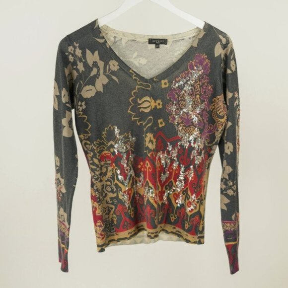 Etro Grey and Red Sequin-Embellished Floral Sweater